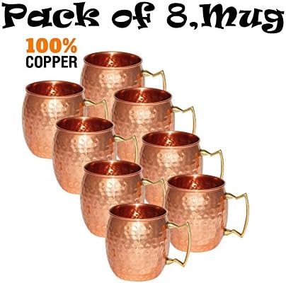 Solid Copper Moscow Mule Mug - Set of 8 Mugs - No Lining - 100% Pure Copper - Hammered Type Copper Mug - 45 cL Capacity - Great for Any Chilled Beverage! Brilliant for Entertaining &amp; Your Home Bar Cart! Unique Barware Gifts for Women &amp; Men (8 Mugs)