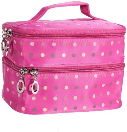 Pink Double Layer Dual Zipper Cosmetic Bag Toiletry Bag Make-up Bag Hand Case Bag with Dots Patterns