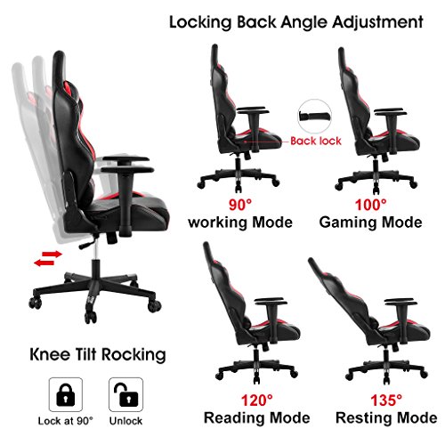 LANGRIA Executive High-Back Swivel Computer Gaming Chair Racing Style PU Leather Adjustable Lumbar Support and Cervical Neck Cushions Padded Armrest and Headrest (Red/Black)