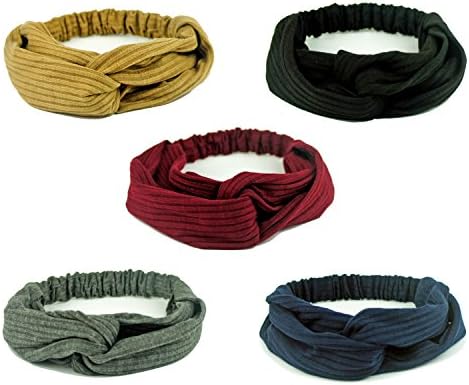 Girls Ladies Wire Headband Hair Fashion Accessory 5 Pack Headbands Vintage Elastic Head Wrap Stretchy Solid Color Criss Hairband for Women (Red Black Blue Grey Khaki)