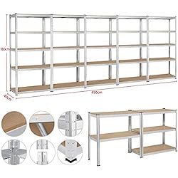 Yaheetech Lot de 5 étagère Meuble de Rangement 180x90x40 cm - Charge lourde/5 Niveaux/875 kg Rayonnages de Stockage pour Garage/Atelier/Chambre