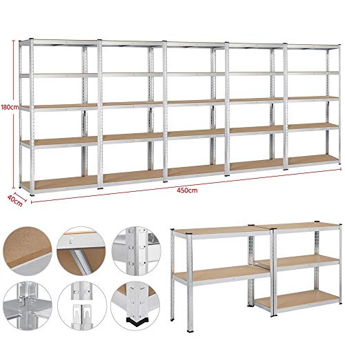 Yaheetech Lot de 5 étagère Meuble de Rangement 180x90x40 cm - Charge lourde/5 Niveaux/875 kg Rayonnages de Stockage pour Garage/Atelier/Chambre
