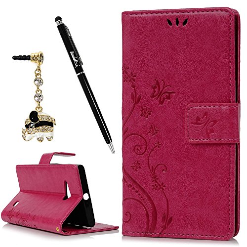 Nokia 730 Hülle Badalink Nokia 730 UltraSlim Schutzhülle Leder PU Handyhülle Rosa Rot Handytasche Wallet Case Ständer Handyhuelle Cover +Eingabestifte+Staubschutz Stecker