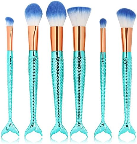 Efforty 6pcs Colorful Rainbow Mermaid Nylon Hair Makeup Brush Set, for Foundation, Eyeshadow, Blush, Cream, Concealer, Loose Powder (E)