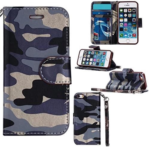 iPhone 5/5S SE Case ,MIRAER Army Camo Camouflage Pattern Flip Cover for iPhone 5/5S SE inch PU Leather TPU Wallet Cover Phone Bags Cases (Blue)