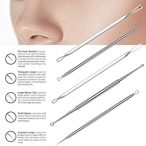 EmaxDesign 5 Stücke Mitesserentferner -Komedonenquetscher Set aus Edelstahl – doppelseitig -Nagelhautschieber Werkzeug Professionell Gesundheit Behandlung für Pickel Whiteheads Akne Extraktoren Risikofrei Glatte Nose Gesicht Haut - 2