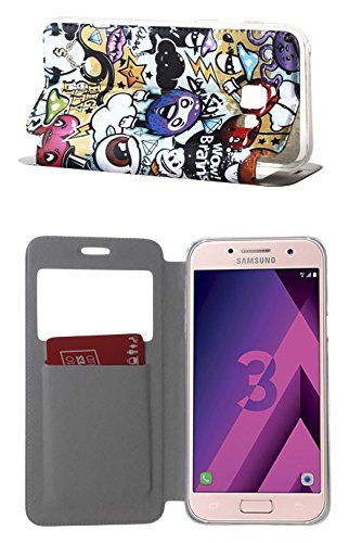 German Tech® - Handy Schutzhülle im Bookstyle mit Standfunktion, ohne Klappe für Samsung Galaxy A3 2017, mit S-View Fenster, durch das Sie alle Mitteilungen sehen können. bunten Graffiti.