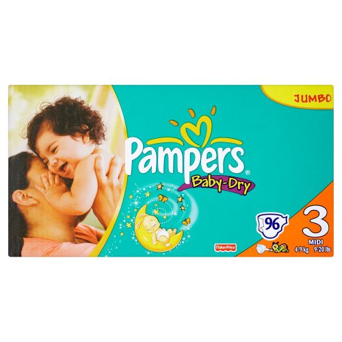 Pampers Baby-Dry Size 3 Midi Nappies - 2 x Jumbo Packs of 96, total 192 Nappies (Pack of 2)