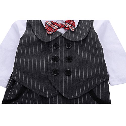 Baby Jungen Strampler Smoking Gentleman Anzug Langarm Outfits Herbst-Frühling Kleidung Jumpsuit Spielanzug Fliege Taufkleidung mit Hut (Grau, 90/9-12 Monate) - 5