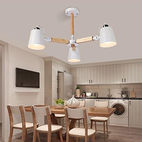 Modeen Fashion Colorful Modern Wood Ceiling Lights Lamparas Minimalist Design Shade Luminaire Dining Room Lights Iron Ceiling Lamp E27 Decoration Pendant Chandelier (Color : White-3-Lights)