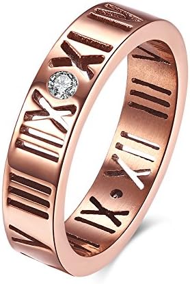 Lekima Ring Hollow Roman Numerals Elegant Band Stainless Steel Wedding Anniversary Jewellery Gift For Girls Lady Women - Rose Gold #S (Gift Bag Included)