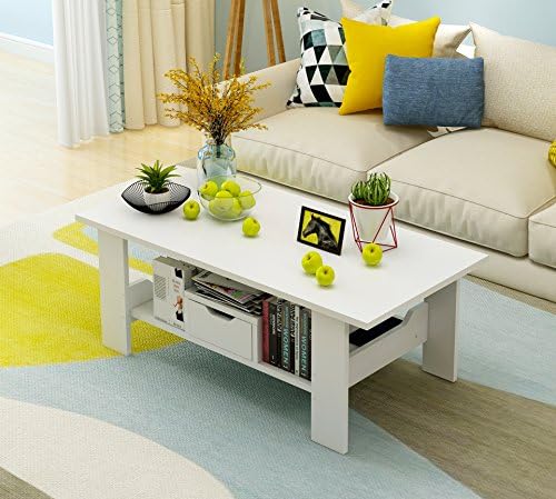 Vanimeu, Modern Design Wood Coffee Table Tea Desk Stationery For Writing Area Lightweight Large Storage Space with Drawer (white 120*60cm)