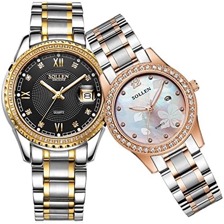 SOLLEN His and Hers Crystal Engraving Quartz Analog Waterproof Wrist Watch Luminous Couple Watch 2 pcs SL-521 (BLACK/GOLD)