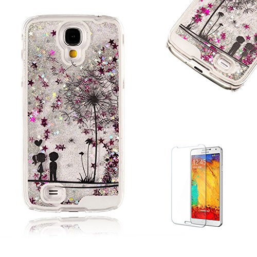Für Samsung Galaxy S4 Hülle,Für Samsung Galaxy S4 Flüssigkeit Handyhülle,Funyye Luxus Luxuriös [Bunten Muster] Liebe Herzen Star Fließt Treibsand Durchsichtige Handytasche Glänzend Glitzer Diamond Diamant Fließen Flüssig Flüssigkeit Handyhülle Handy Hülle Case Tasche Crystal Case Durchsichtig Schutzhülle Etui Bumper Für Samsung Galaxy S4 + 1 x Frei Displayschutzfolie - Silber Glitter,Liebhaber Löwenzahn