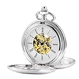 TREEWETO Unisex Taschenuhr mit Kette Analog Handaufzug Retro Doppelabdeckungen Skelett Silber Uhrwerk