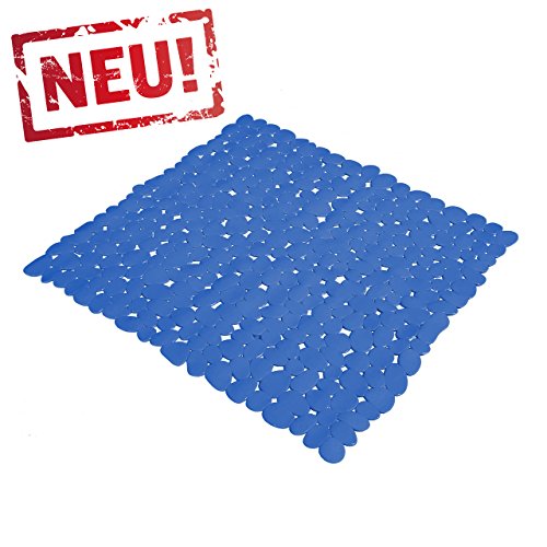 Blaue Anti Rutsch Matte für die Dusche - Duscheinlage mit Saugnäpfen - Schadstofffreie Duschmatte in schöner Kieseldekor Steinoptik - Größe: 53 x 53cm
