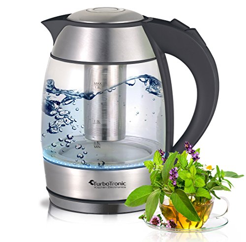 TurboTronic Wasserkocher 2200 Watt mit Teesieb (herausnehmbar) aus Edelstahl und blauer LED Beleuchtung, 1,8 Liter / BPA frei / Glas-Wasserkocher kann jederzeit ohne Teefilter verwendet werden, verdecktes Heizelement - 7