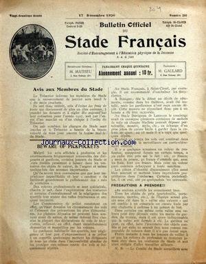 BULLETIN OFFICIEL DU STADE FRANCAIS [No 216] du 17/12/1926 - BEWARE OF PICKPOCKETS - ATHLETISME - CRITERIUM DES 10 EPREUVES - CROSS-COUNTRY - LEROI - FALIZE - LEVY - DELINOTTE - BOUJASSY - CHERRIER - ROG - NAURIN - AUFE - SEVERIN - BRUNETEAU - BASTIA - DUFRESNE - ROB - NAUDIN - LEFEBVRE - ROUSSAT - CHERRIER - LANCEMENT DU POIDS - LE PRIX BLANCHET francais
