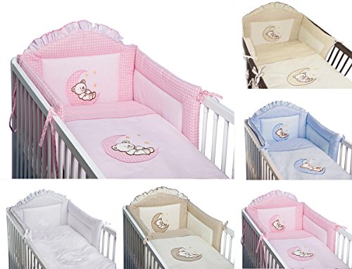 6 Piece Embroidered Baby Bedding Sets to fit Cot & Cotbed - (Cot 120 x 60cm, Moon Pink)