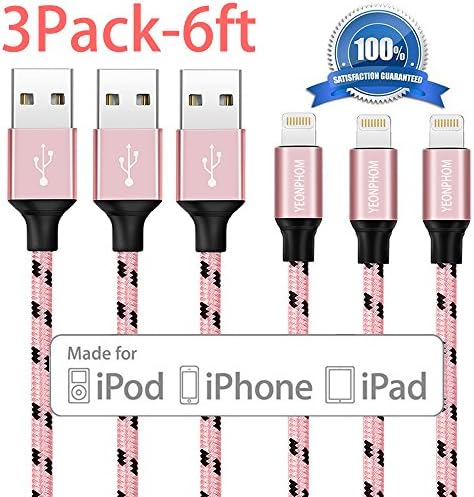 iPhone Charger, YEONPHOM 3Pack 6FT/2M Nylon Braided Lightning to USB Cable Data Sync Cord Charging Cable for Apple iphone 7/7Plus/6s/6s plus/6plus/6,SE/5s/5c/5,iPad Mini/Air/Pro,iPod(Black/Rose Gold)
