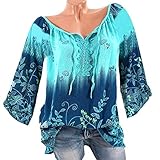 GJKK Bluse Damen Herbst Übergröße Shirt Reizvoller V-Ausschnitt Spitze Gedruckt Bandage Langarm Tops Oberteil Sweatshirt Langarmshirt Hemd Tunika (S-5XL)