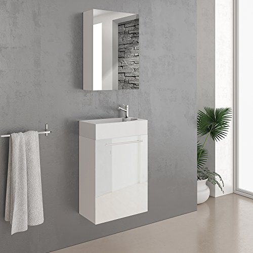 Badmöbel Set 45cm Weiß Hochglanz – MDF Waschtisch + Waschbecken + Spiegelschrank - 2
