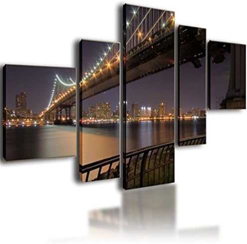 XL Parted Canvas Picture Wall Art Split Multi Panel Framed Modular Living Room - 5 panel Bridge Over The River By Night 130cm x 70cm 2948