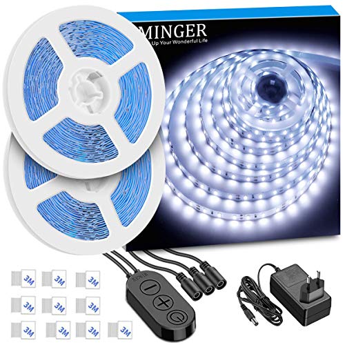 MINGER Led Streifen Kaltweiss 10M, Dimmbar LED Streifen Kit mit 12V Netzteil, 6000K 600 LEDs Lichtband Kaltweiß, 2835 SMD Led Band Leiste Innenbeleuchtung für Spiegel Deko Party Küche Weihnachten