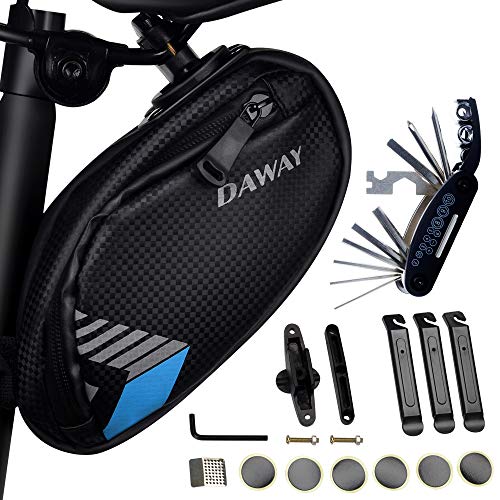 DAWAY Fahrrad Reparatur Werkzeug Set - A36 wasserdichte Fahrradsatteltasche, 16 in 1 Multitool, Leimfreie Reifenschlauchflicken, Reifenhebel Inklusive, Praktisches Fahrradsattel Werkzeugtasche