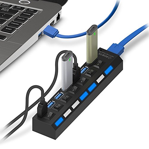 Tumao USB 3.0 Hub 7 Ports mit Netzteil , USB 3.0 Datenhub 7 Ports Adapter Super Speed mit 5V 2A USB Power Adapter unabhängige externe Ladegerät Für iMac, MacBooks, PCs und Laptops, Tablet - 5