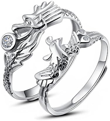 LOCHING Dragon and Phoenix 925 Sterling Silver Cubic Zirconia Couple Lovers Band Ring Wedding Promise Engagement Anniversary Ring Set Adjustable size