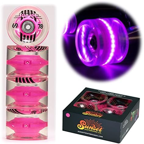 2017 Sunset Skateboards Pink 69mm Longboard LED Light-Up Wheels Set with ABEC-7 Carbon Steel Bearings (4-Pack)