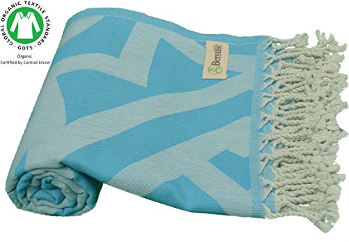 DESIGNER KOLLEKTION - Bersuse GOTS-Zertifiziert 100% Bio Baumwolle - Flamenco Türkisches Handtuch Peshtemal - Badestrand Fouta Pestemal - 95X175 cm, Aqua Blau