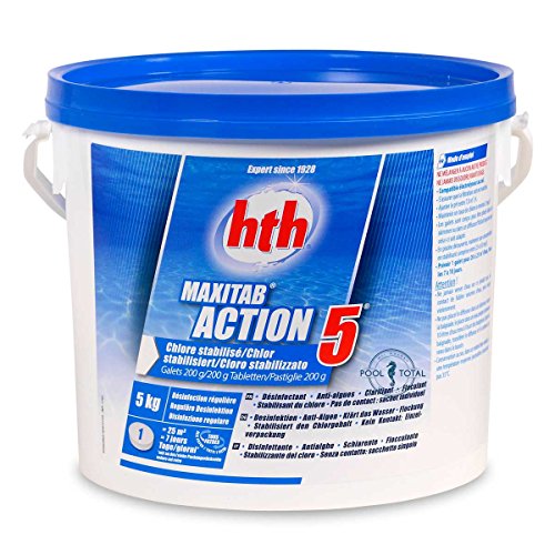 HTH 200g Multifunktions Chlortabletten 5,0 kg Eimer - 5 Wirkungen in einem Produkt