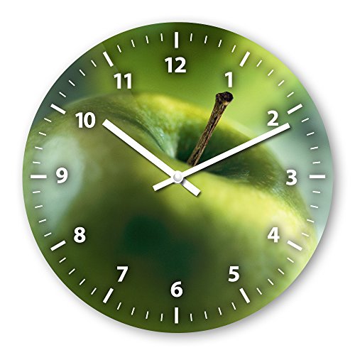 Wanduhr mit Motiv - Apfel - aus Echt-Glas | runde Küchen-Uhr | große Uhr modern