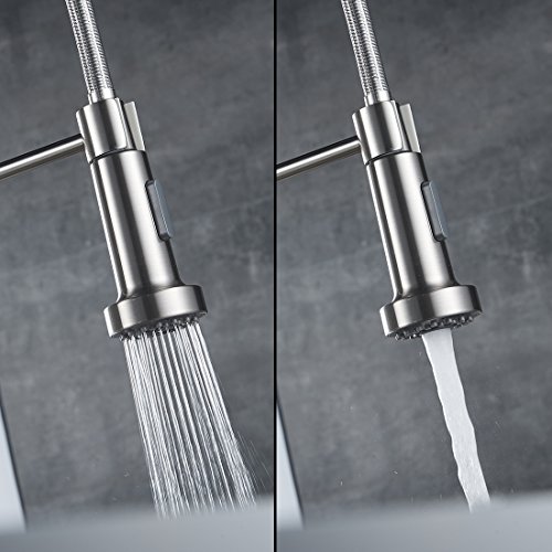 Aimadi Niederdruck Mischbatterie Küchenarmatur Wasserhahn 360° drehbar Armatur Küche Spiralfederarmatur Küchenspüle Geschirrbrause Spültischarmatur Gebürsteter Nickel - 6