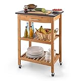 Klarstein Tennessee Servierwagen • Küchenwagen • Rollwagen • 3 Etagen • 2 Ablageflächen • herausnehmbare Schublade • schwarze Granitarbeitsfläche • sichere Feststellbremsen • Bambusholz • braun - 8