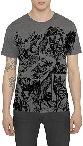 Mens Designer Grey T Shirts, Cool Fashion Print Tee Shirt, Rock Band Style Original Graffiti Tattoo Design KING VOYAGEUR Crew Slim Fit Cotton T-shirt, Trendy Clothing, Top Gift for Men,Grey Melange,XX-Large