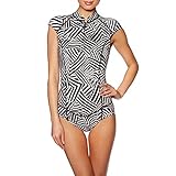 Der geometrische Print-Anzug mit Flügelärmeln hält die Sonne von den Schultern fern, einen zentralen Reißverschluss in der Mitte und durchgehend schmeichelnde Nähte.