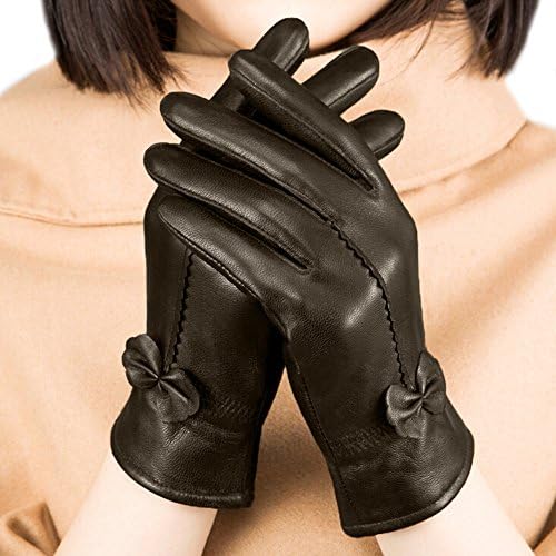 OUFLY Elegant Women Winter Warm Premium Soft Cabretta Leather Gloves Thickening Fleece Lined Mittens Mitts Dark Brown