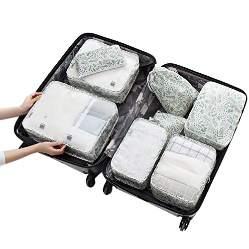 Belsmi Reise Kleidertaschen Set 8-teilig Reisetasche in Koffer Reisegepäck Organizer Kompression Taschen Kofferorganizer Mit Schuhbeutel (Weiß Flamingo) Katze Wald