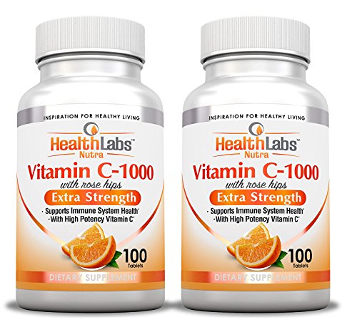 Health Labs Nutra Vitamina C extra-forte 1000 mg con Rosa Canina - Promuove una Salute Ottimale del Sistema Immunitario (200 Capsule ad Azione Rapida) Confezione da 2