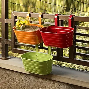 ExclusiveLane Triple Blooms Hand-Painted Metal Hanging Railing and Table Planters Pot (Set of 3) - Flower Pot Stand for Indoor Plants Balcony Garden D