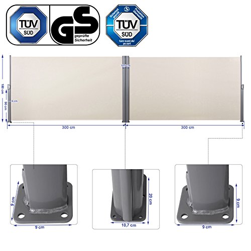 Songmics Cortavientos Toldo bilateral Pantalla protectora de intimidad Sombrilla exterior Retráctil 180 x 600 cm Beige GSA360E