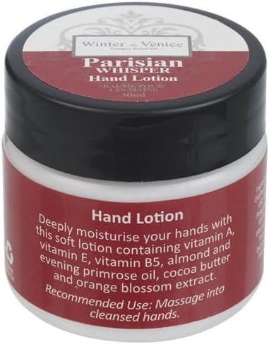 Indulge yourself with this luxurious hand lotion to give your skin that fabulous silky smooth feel hand lotion 30ml -available in 7 different scents (Parisian Whisper)