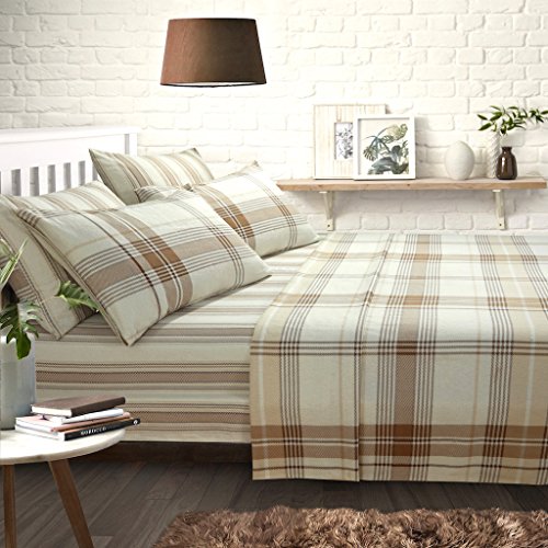 ShawsDirect Burlington Check 100% Pure Brushed Cotton Sheet Set | Includes Fitted Sheet, Flat Sheet & Pillowcase(s) | (Natural, King Size)