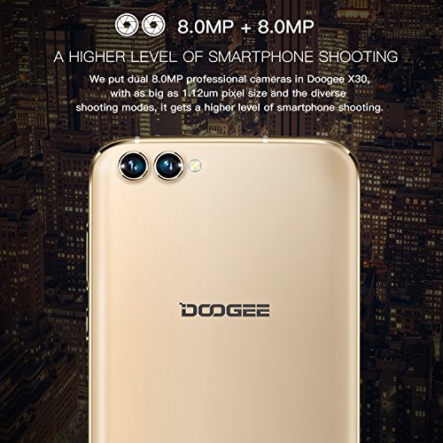 Smartphone ohne vertrag, DOOGEE X30 Dual Sim Android 7.0 Handy, 5.5 Zoll IPS HD Display, 2GB RAM + 16GB ROM, Mali 400 525MHz - Dual 5.0MP Front Kameras + Dual 8.0MP Hintere Kameras - 3360mAh - Gold
