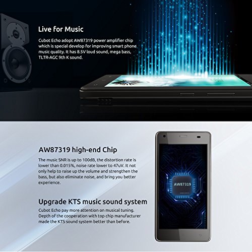 Cubot Echo Musik Smartphone 3G ohne Vertrag (5 Zoll (12.7 cm) HD Touch-Display mit Ultraharten Bildschirm und High-End Musik LeistungsverstÃ¤rker-Chip, 3000mAh Akku, 2GB Ram, 16GB interner Speicher, Android 6.0, Dual-SIM, 5MP Frontkamera / 13MP Hauptkamera) Schwarz [ Cubot Offiziell ]