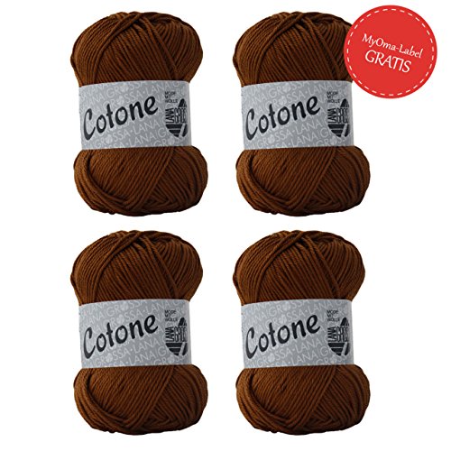 Lana Grossa Cotone * 4x Cotone braun (Fb 037) + GRATIS MyOma Label* Baumwolle zum Häkeln und Stricken - Cotone Lana Grossa - 100% Baumwolle - braune Baumwolle - Strickgarn - Häkelgarn - Sommerwolle