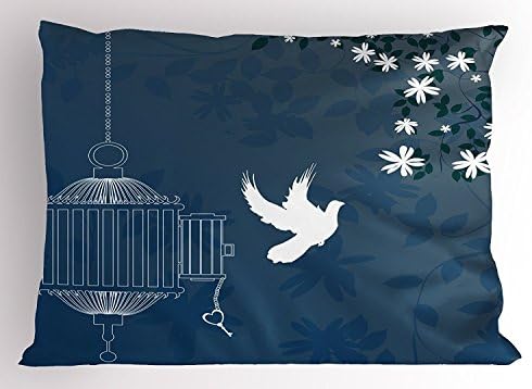 UCKPICASE Romantic Pillow Sham, French Style Love Theme Bird Cage and Dove Flying Out with Swirls, Decorative Standard King Size Printed Pillowcase, 20X30 Inches, White Slate Blue and Indigo